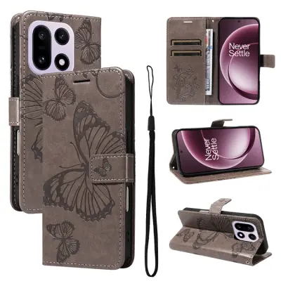 OnePlus 15 5G Plånboksfodral Floral Butterfly Imprinted (Grå)