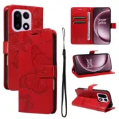 OnePlus 15 5G Plånboksfodral Floral Butterfly Imprinted (Röd)