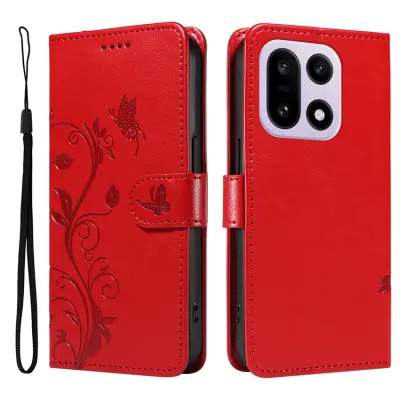 OnePlus 15 5G Plånboksfodral Flower Pattern Konstläder (Röd)