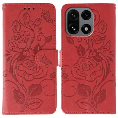 OnePlus 15 5G Konstläder Plånboksfodral Imprinted Rosa Butterfly (Röd)
