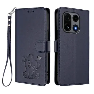 OnePlus 15 5G Konstläder Plånboksfodral Love Cat Pattern Imprint (Blå)