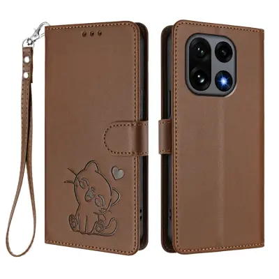 OnePlus 15 5G Konstläder Plånboksfodral Love Cat Pattern Imprint (Brun)