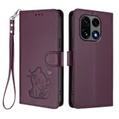 OnePlus 15 5G Konstläder Plånboksfodral Love Cat Pattern Imprint (Lila)