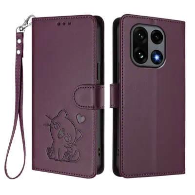 OnePlus 15 5G Konstläder Plånboksfodral Love Cat Pattern Imprint (Lila)