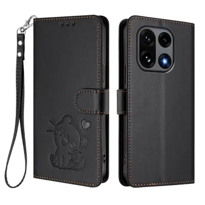 OnePlus 15 5G Konstläder Plånboksfodral Love Cat Pattern Imprint (Svart)