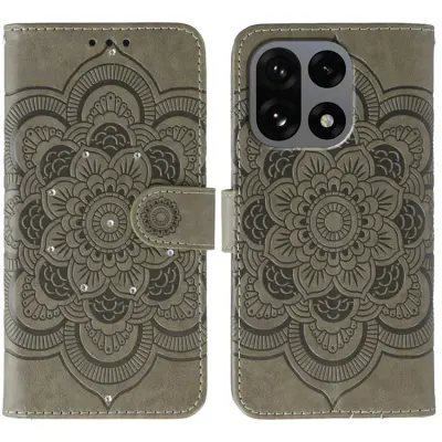 OnePlus 15 5G Plånboksfodral Mandala Imprint Rhinestone (Grå)