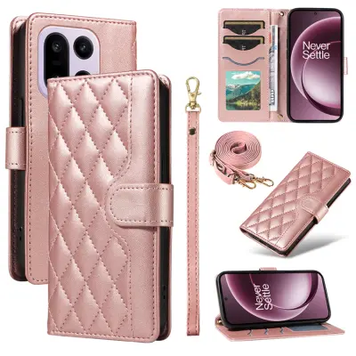 OnePlus 15 5G Plånboksfodral Rhombus Konstläder (Roséguld)