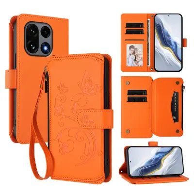 OnePlus 15 Plånboksfodral Butterfly Floral Imprint Zipper (Orange)