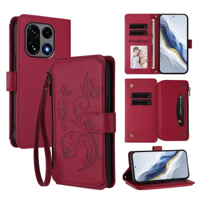 OnePlus 15 Plånboksfodral Butterfly Floral Imprint Zipper (Vinröd)
