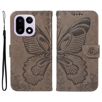 OnePlus 15 Plånboksfodral Butterfly Pattern Konstläder (Grå)