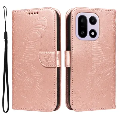 OnePlus 15 Plånboksfodral Butterfly Pattern Konstläder (Roséguld)