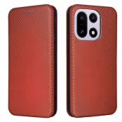 OnePlus 15 Plånboksfodral Carbon Fiber Drop-Proof Läder (Brun)