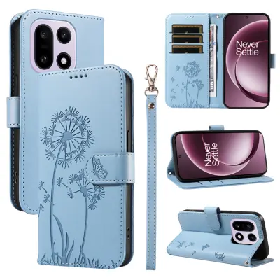 OnePlus 15 Plånboksfodral Dandelion Imprint Konstläder (Himmelsblå)