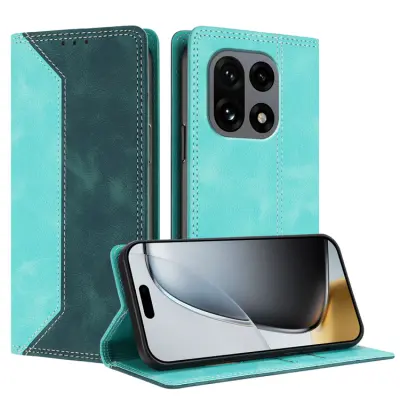 OnePlus 15 Konstläder Plånboksfodral Färg Splicing RFID-Skydd (Grön/Mörkgrön)