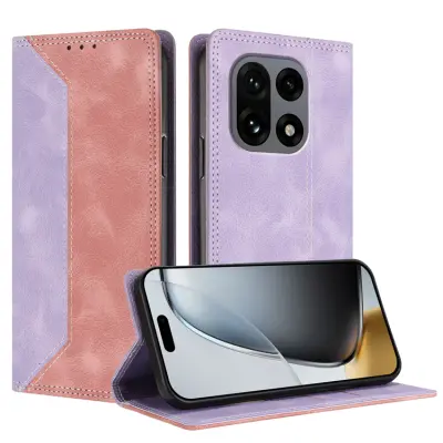 OnePlus 15 Konstläder Plånboksfodral Färg Splicing RFID-Skydd (Lila/Rosa)