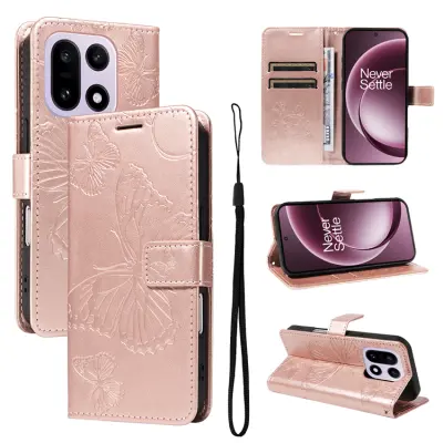 OnePlus 15 Plånboksfodral Floral Butterfly Imprinted (Roséguld)