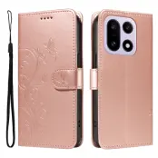 OnePlus 15 Plånboksfodral Flower Pattern Konstläder (Roséguld)