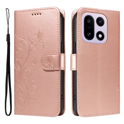 OnePlus 15 Plånboksfodral Flower Pattern Konstläder (Roséguld)