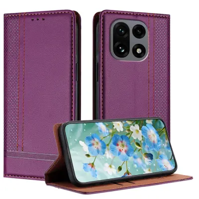 OnePlus 15 Plånboksfodral L-Shaped Grid Pattern Läder (Lila)