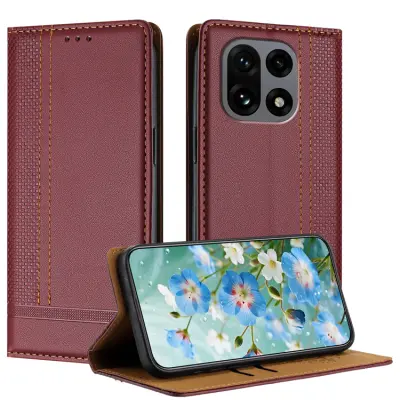 OnePlus 15 Plånboksfodral L-Shaped Grid Pattern Läder (Vinröd)