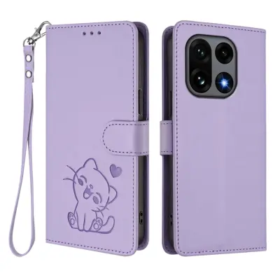 OnePlus 15 Konstläder Plånboksfodral Love Cat Pattern Imprint (Ljuslila)