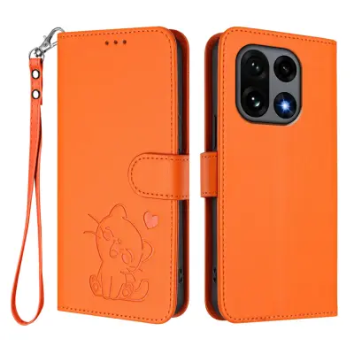 OnePlus 15 Konstläder Plånboksfodral Love Cat Pattern Imprint (Orange)