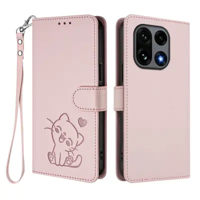 OnePlus 15 Konstläder Plånboksfodral Love Cat Pattern Imprint (Rosa)