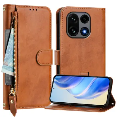 OnePlus 15 Plånboksfodral Zipper Pocket Multiple Konstläder (Brun)