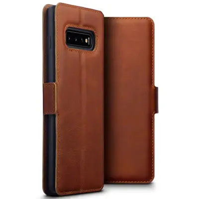 Plånboksfodral av äkta läder till Samsung Galaxy S10 Plus - Brun