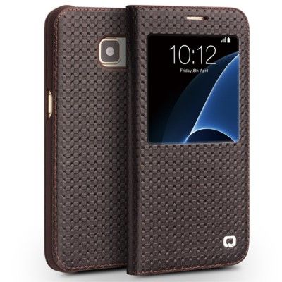 Grid Äkta Läder View Window Fodral till Samsung Galaxy S7 Edge - Brun