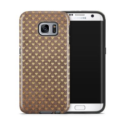 Tough mobilskal till Samsung Galaxy S7 Edge - Canvas Hjärtan - Guld/Brun