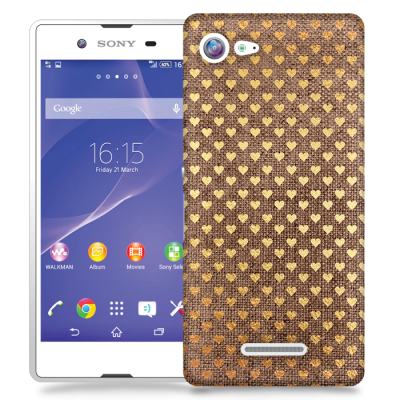 Skal till Sony Xperia E3 - Canvas Hjärtan - Guld/Brun