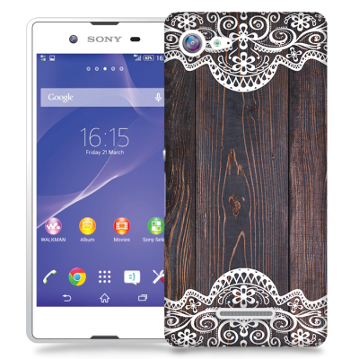 Skal till Sony Xperia E3 - Mörkt trä med spetsmönster