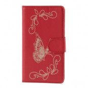 Laser Carving Butterfly Plånboksfodral till Sony Xperia E4 - Röd