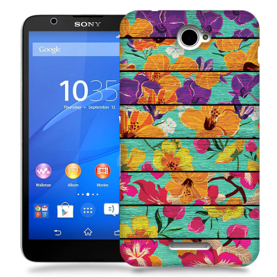 Skal till Sony Xperia E4 - Blommor - turkost trä