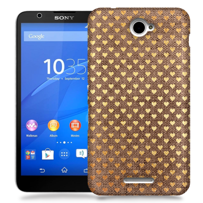 Skal till Sony Xperia E4 - Canvas Hjärtan - Guld/Brun