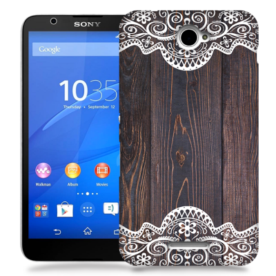 Skal till Sony Xperia E4 - Mörkt trä med spetsmönster