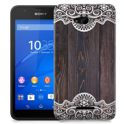 Skal till Sony Xperia E4g - Mörkt trä med spetsmönster