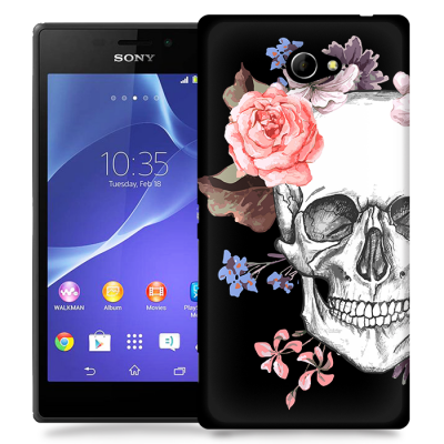 Skal till Sony Xperia M2 - Blommig dödskalle - Svart