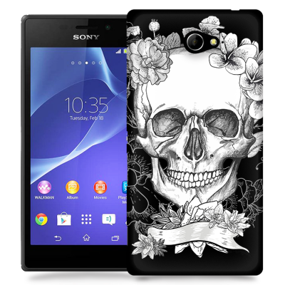 Skal till Sony Xperia M2 - Blommig dödskalle - Svartvit