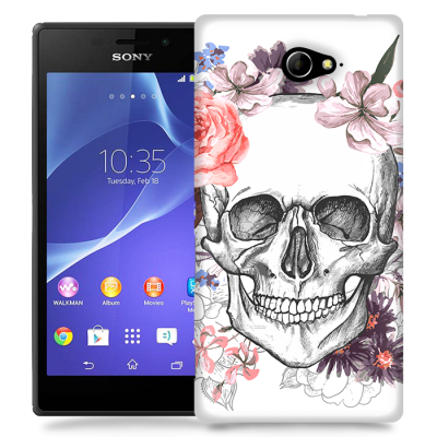 Skal till Sony Xperia M2 - Blommig dödskalle - Vit