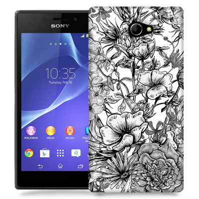 Skal till Sony Xperia M2 - Blommor - Svart/Vit