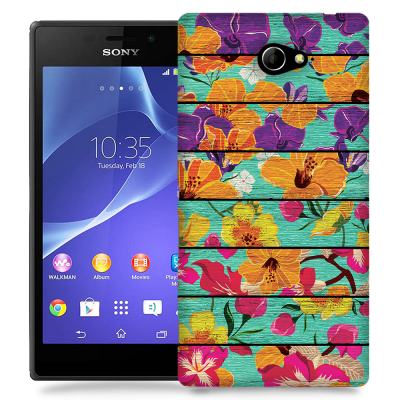 Skal till Sony Xperia M2 - Blommor - turkost trä