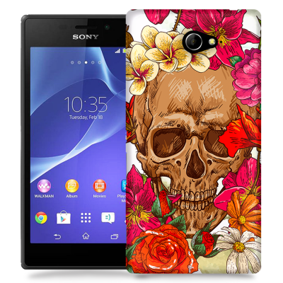Skal till Sony Xperia M2 - Dödskalle - Blommor