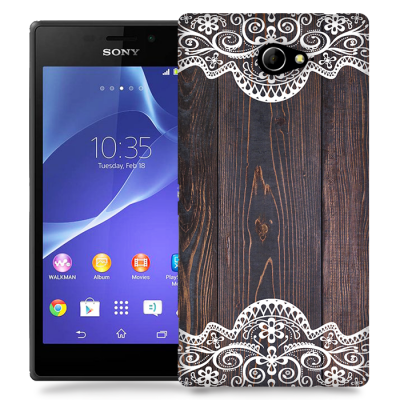 Skal till Sony Xperia M2 - Mörkt trä med spetsmönster