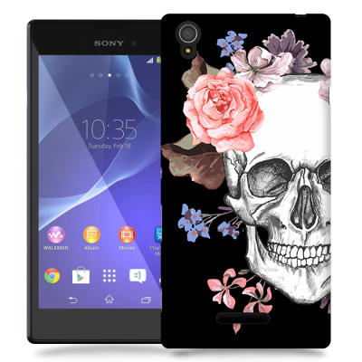 Skal till Sony Xperia T3 - Blommig dödskalle - Svart