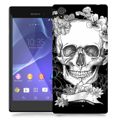 Skal till Sony Xperia T3 - Blommig dödskalle - Svartvit