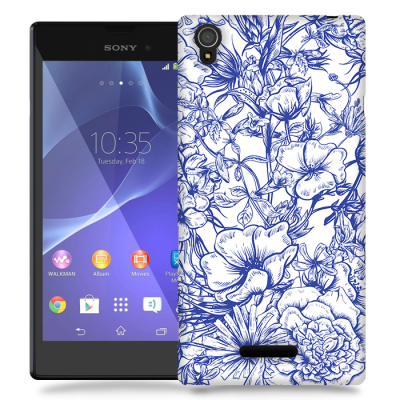 Skal till Sony Xperia T3 - Blommor - Blå/Vit