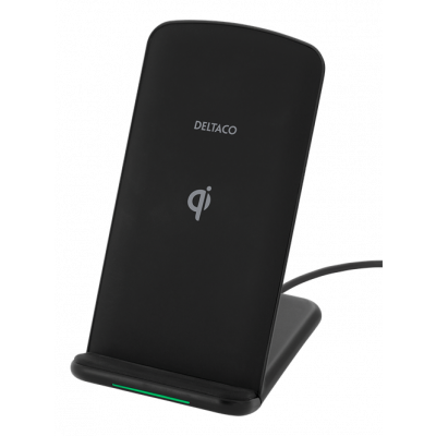 DELTACO Snabbladdare med vinklat stativ Qi, dubbla coils